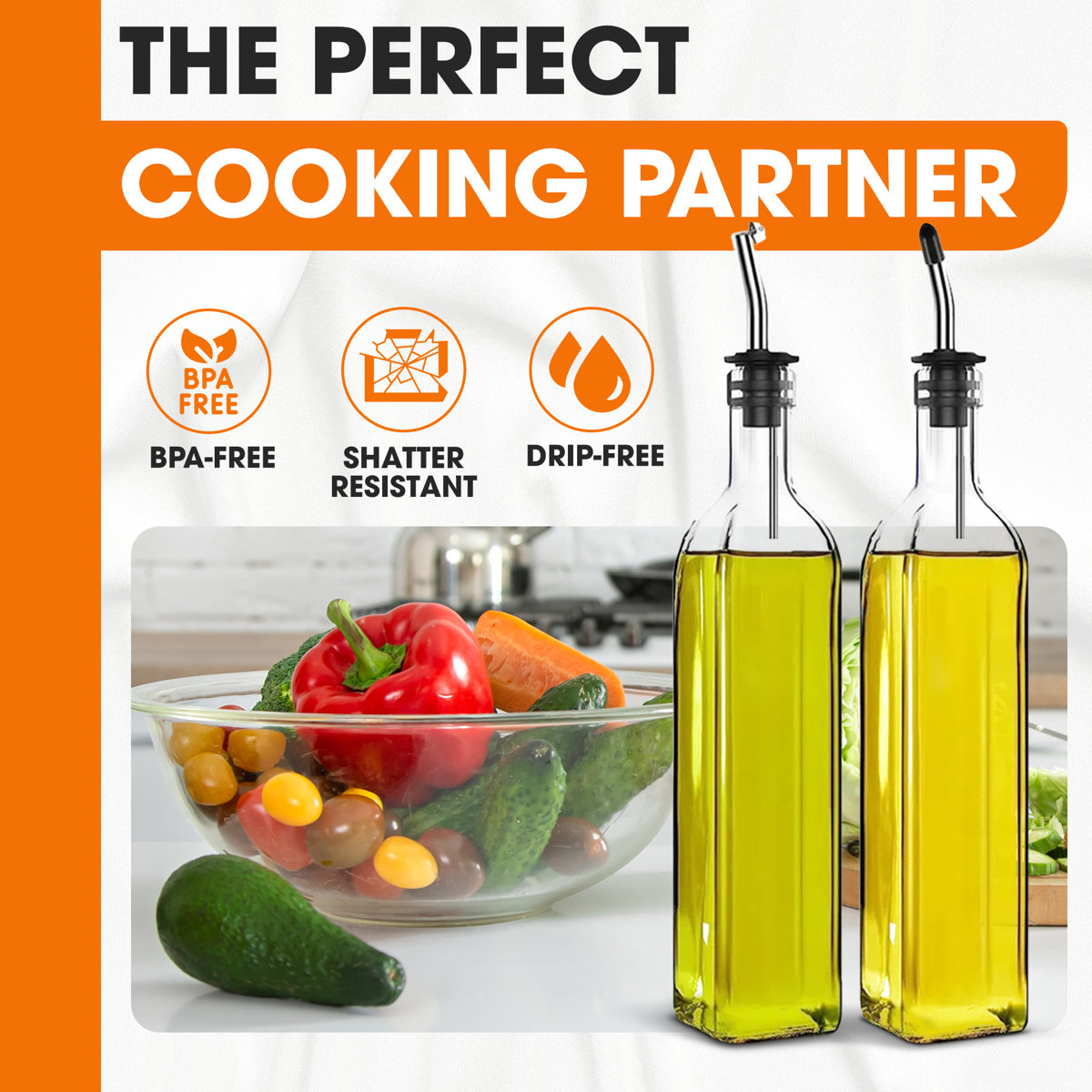 2 Piece Glass Olive Oil Dispenser Set with Pour Spouts Funnel and Labels